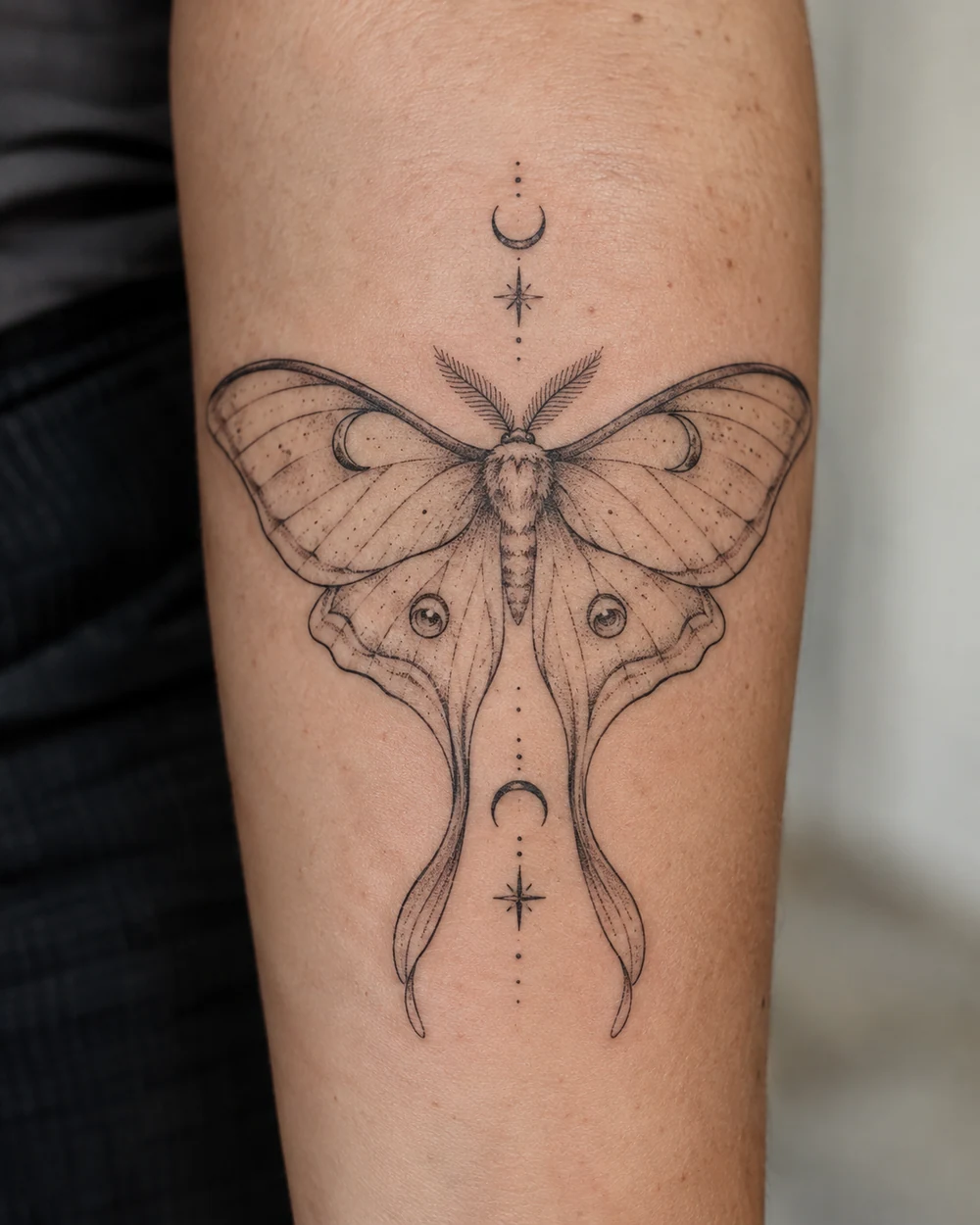 Symmetrical fine-line luna moth tattoo with crescent moons and star details centered on a forearm