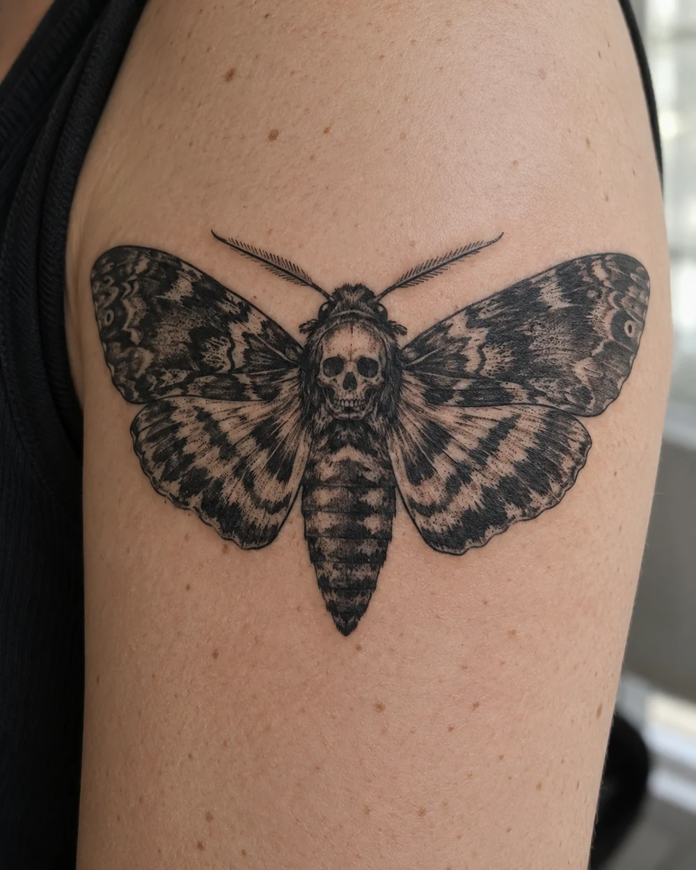 Blackwork death's-head moth tattoo with spread wings on an upper arm