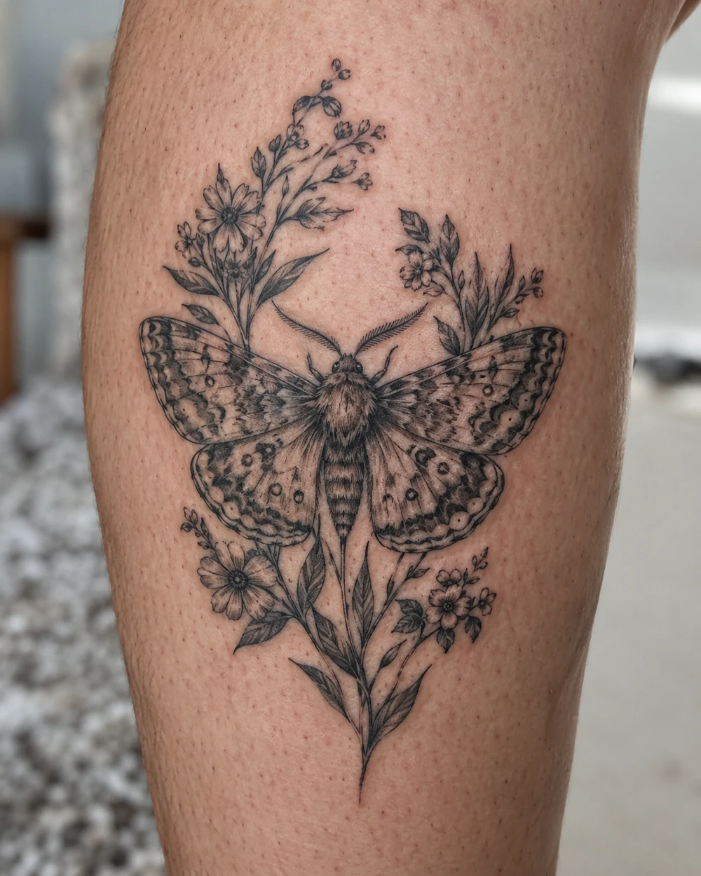Black-and-gray moth tattoo with patterned wings and wildflower sprigs on a calf