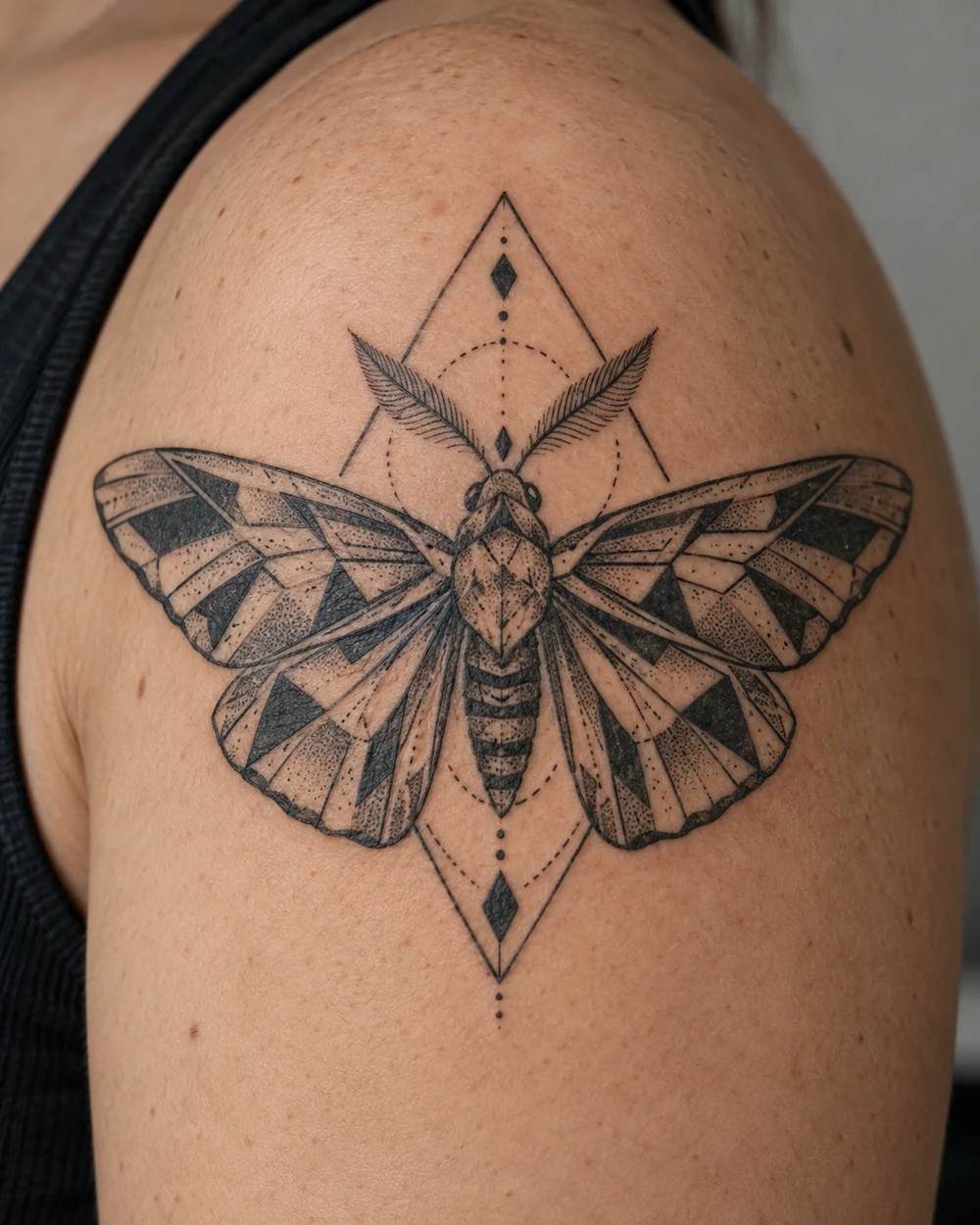 Symmetrical black geometric moth tattoo with angular wings and a diamond frame on a shoulder
