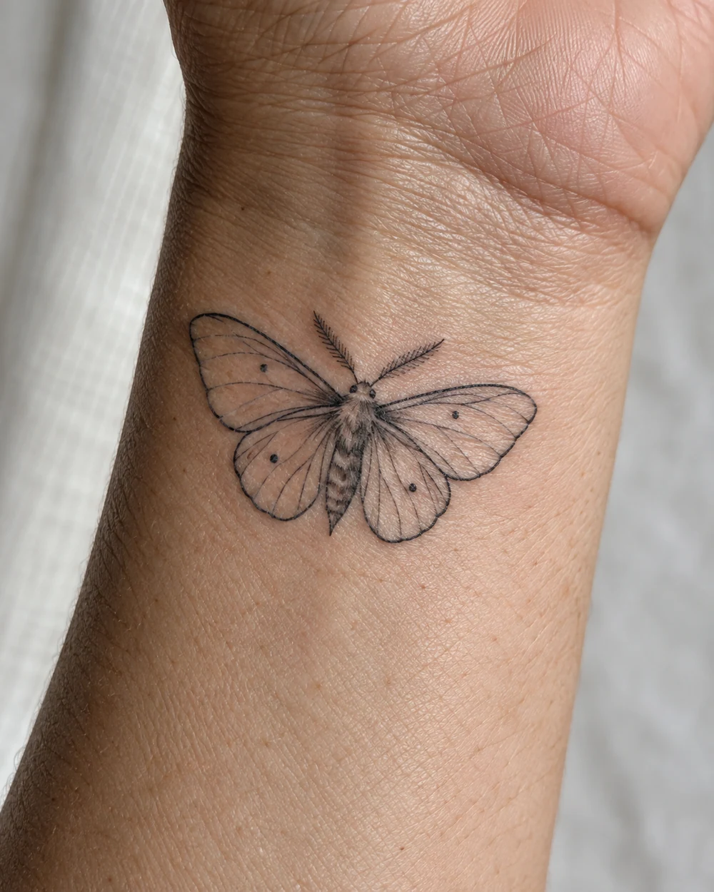 Minimalist black outline moth tattoo with sparse wing details on an inner wrist