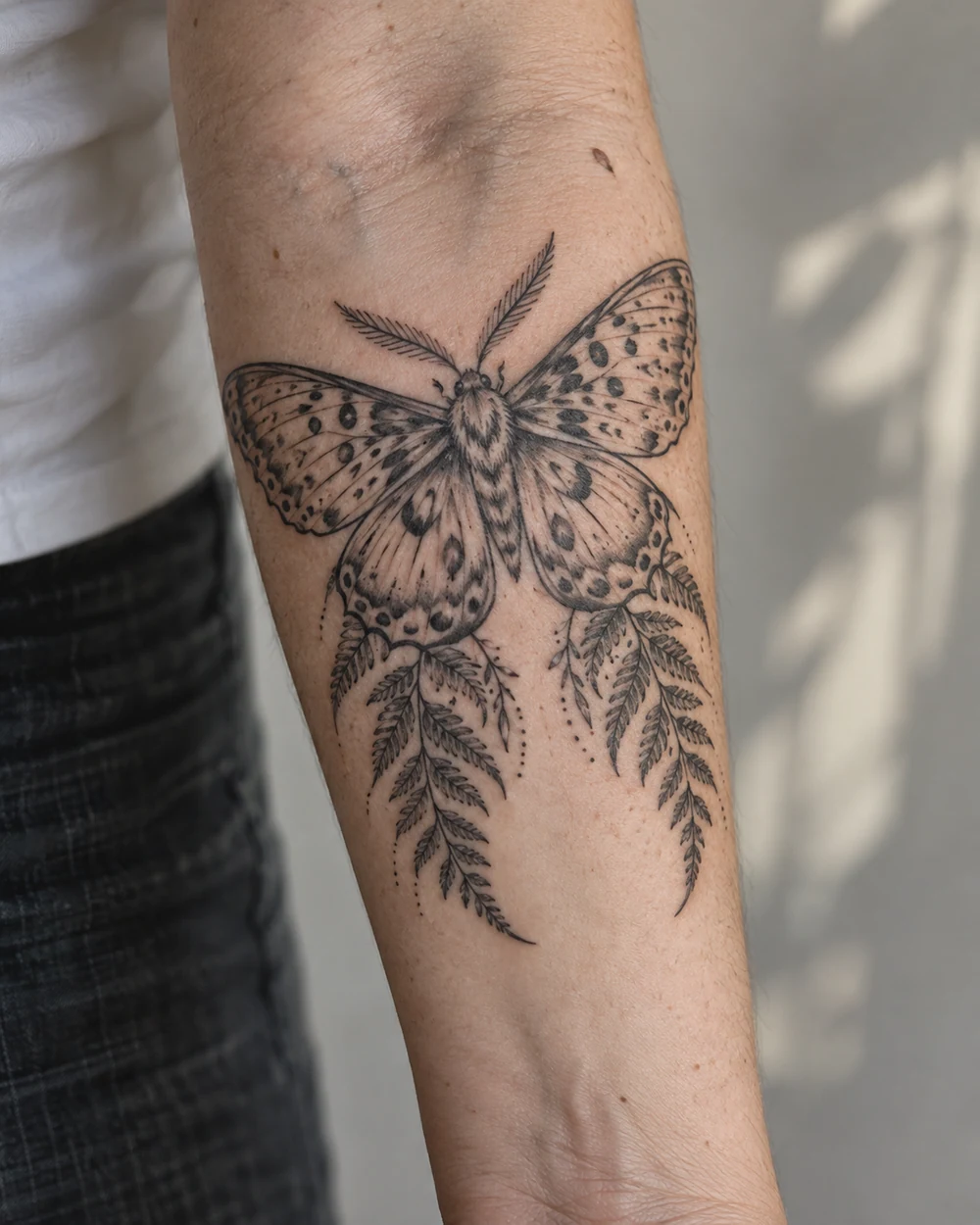 Open-wing moth tattoo with spotted markings and trailing fern leaves along a forearm