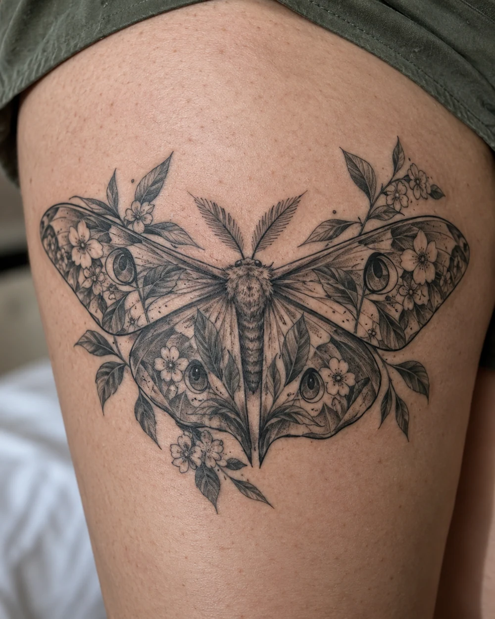 Black botanical moth tattoo with leaves and blossoms on a thigh