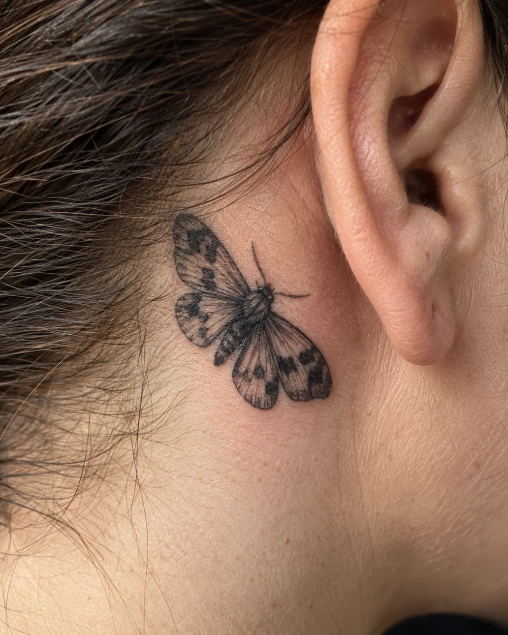 Compact black moth tattoo with open, marked wings behind an ear