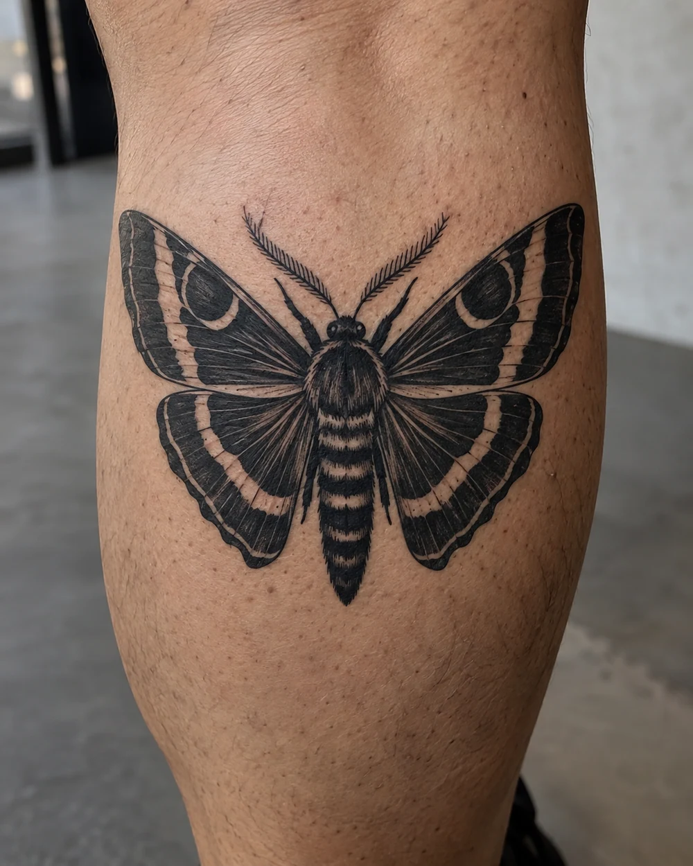 Symmetrical blackwork moth tattoo with dark wings and pale negative-space bands on a calf
