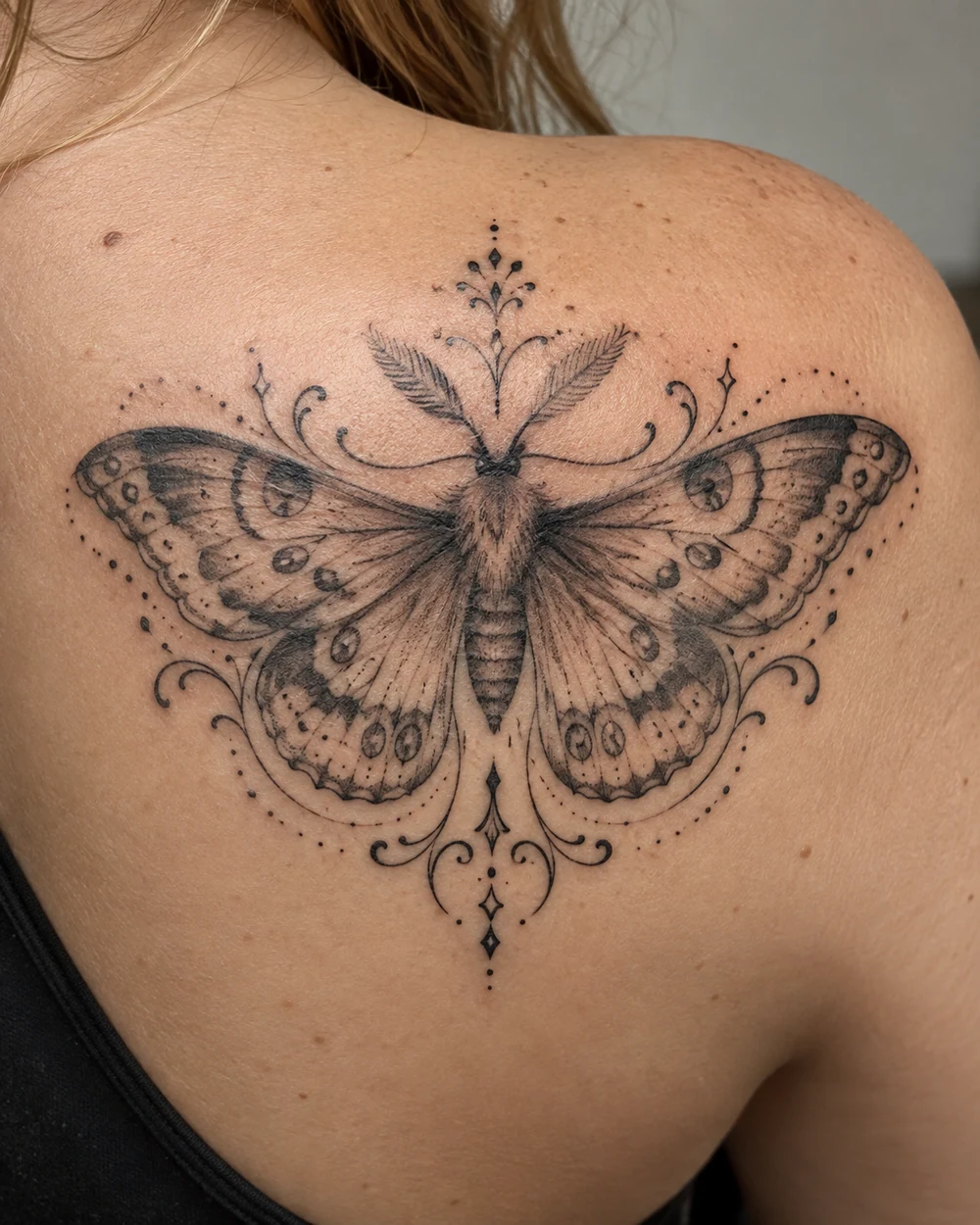 Symmetrical moth tattoo with patterned open wings, ornamental curls, and dotted accents on a shoulder blade