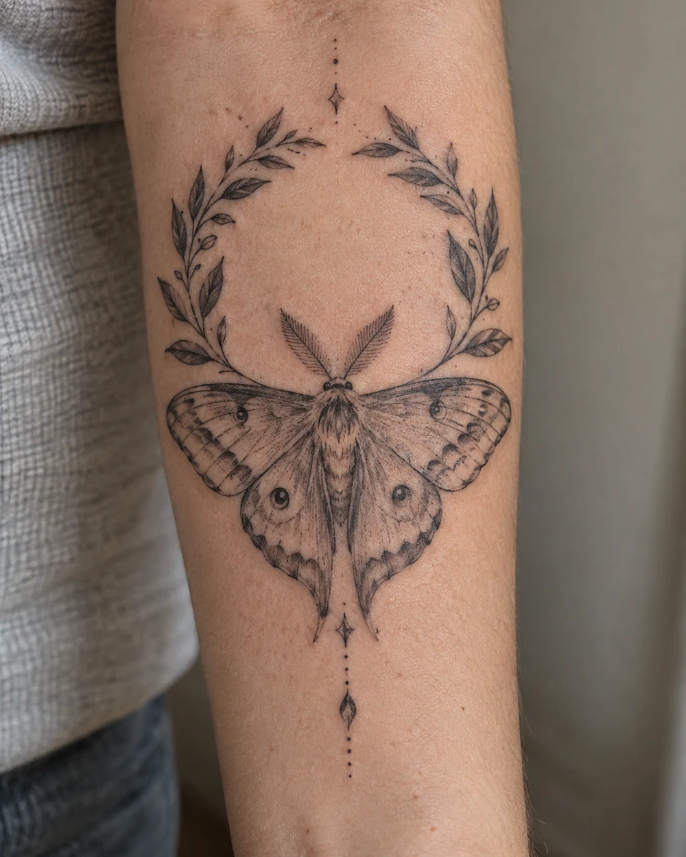 Fine-line moth tattoo beneath an arcing crescent of leaves on a forearm