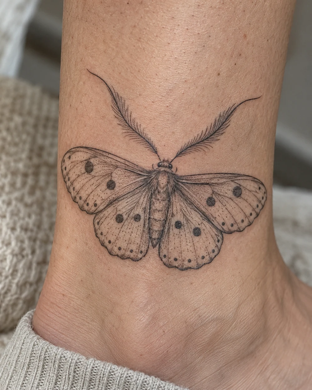 Fine-line black-and-gray moth tattoo with spotted wings on an ankle