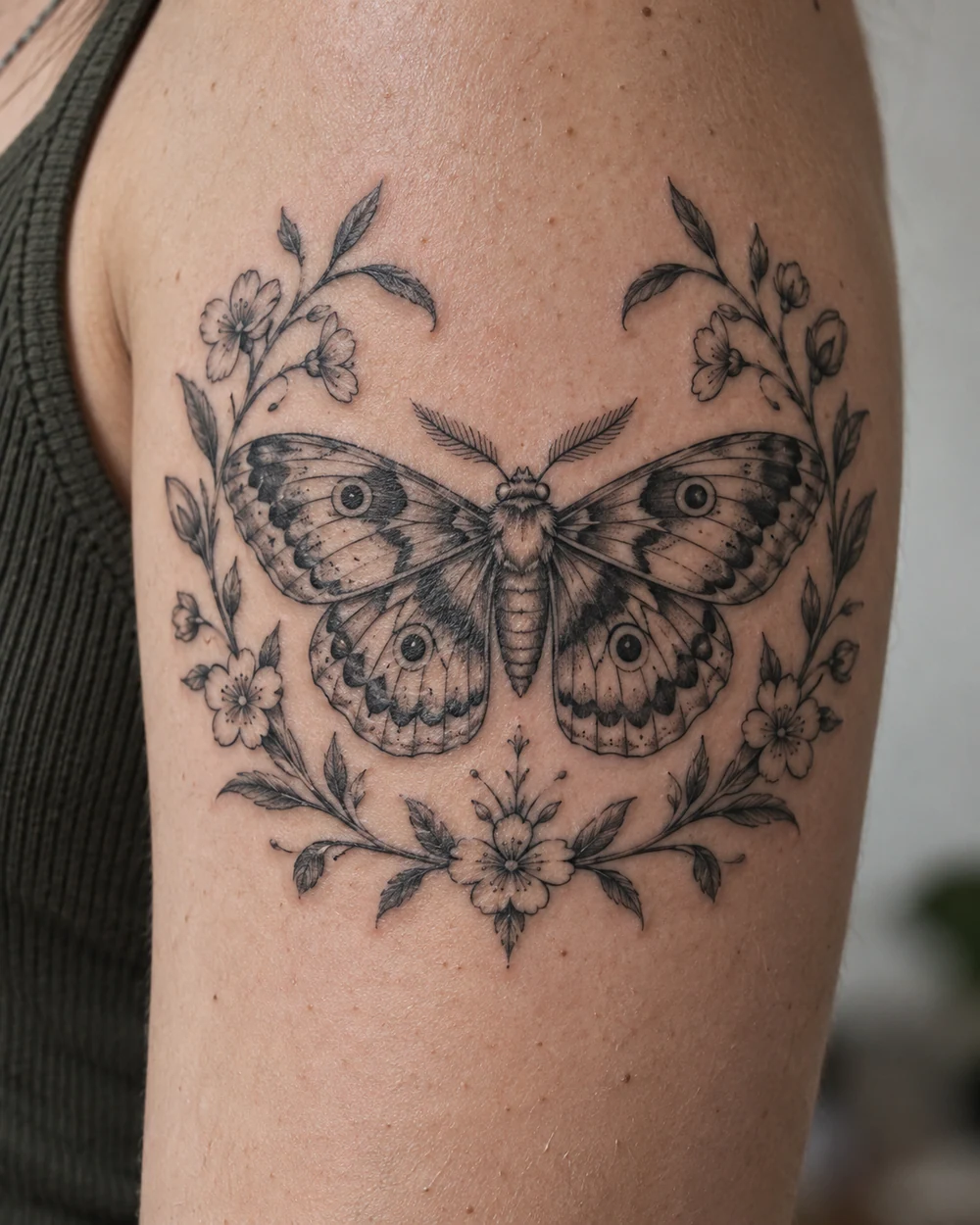 Black-and-gray spread-wing moth tattoo with symmetrical curved stems and blossoms on an upper arm