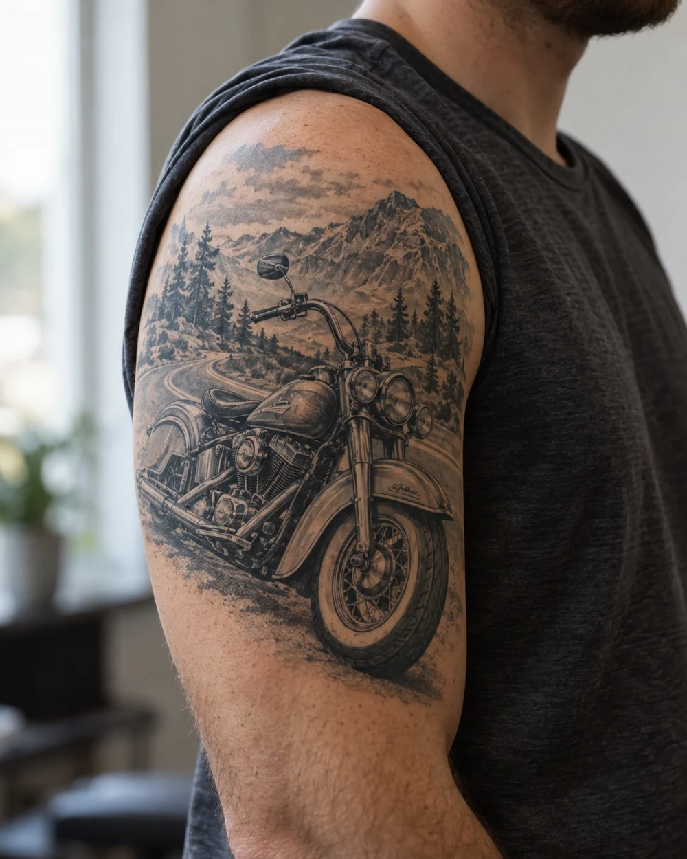 Vintage cruiser motorcycle tattoo with fine mechanical detailing on an upper arm