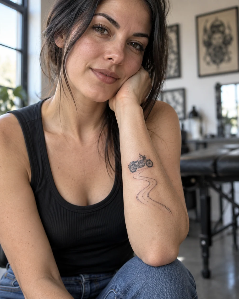 Fine-line motorcycle above a winding road tattoo on a woman’s forearm