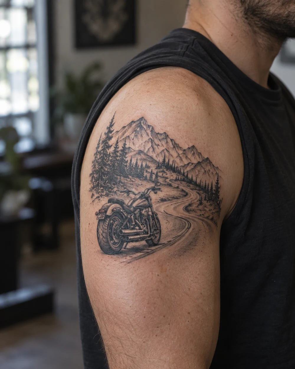 Black-and-gray motorcycle, mountain ridge, and winding road tattoo on an upper arm