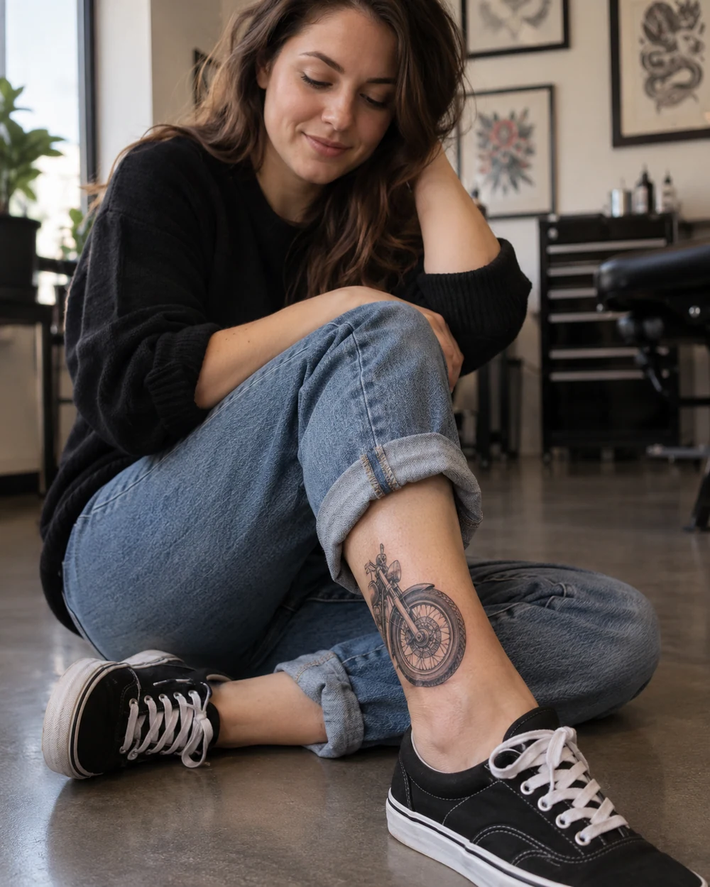 Fine-line motorcycle wheel tattoo with spokes and partial fork on an ankle