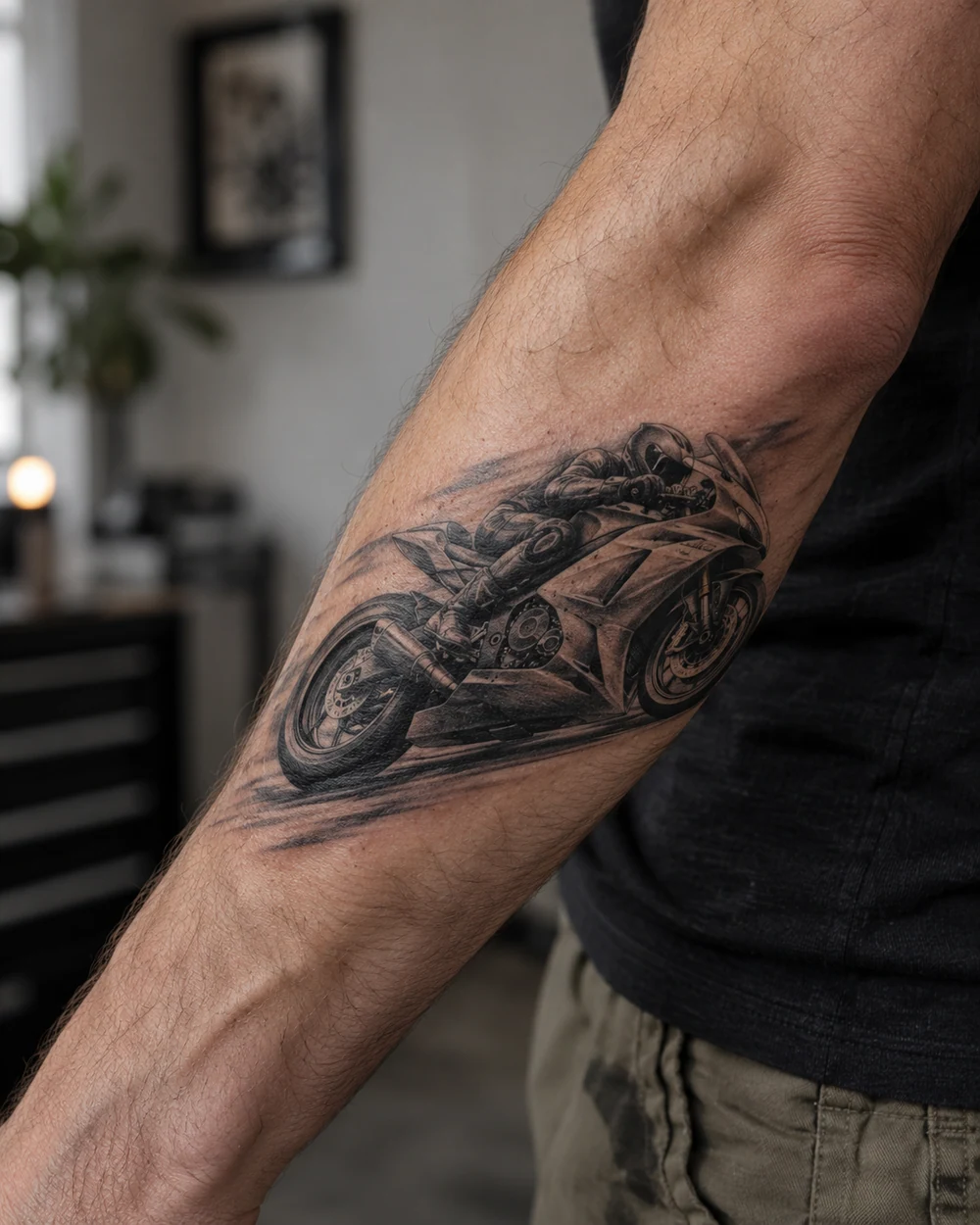 Black racing motorcycle tattoo in side view on an outer forearm