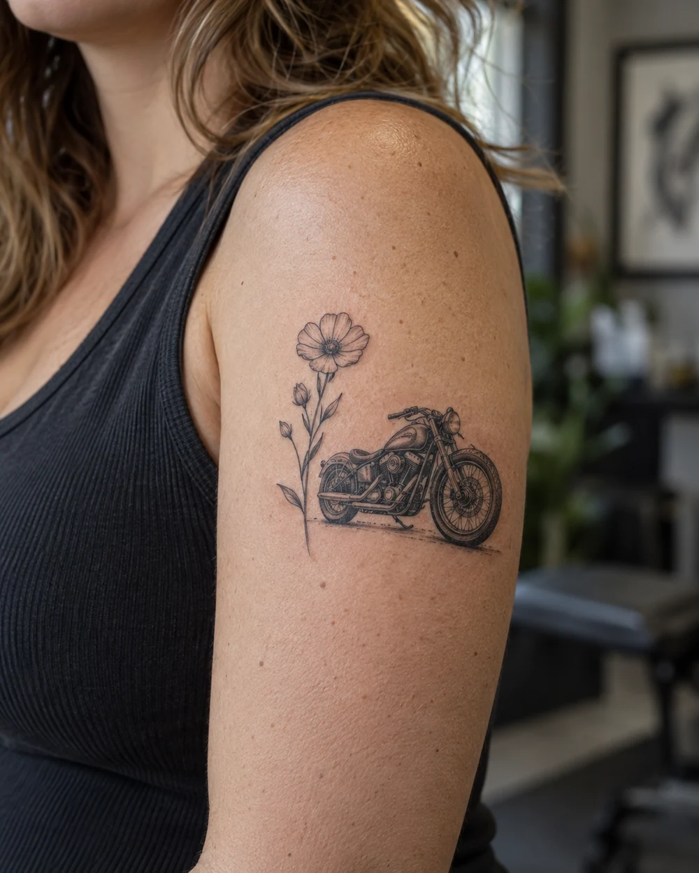 A compact motorcycle beside a fine line wildflower tattoo on an upper arm