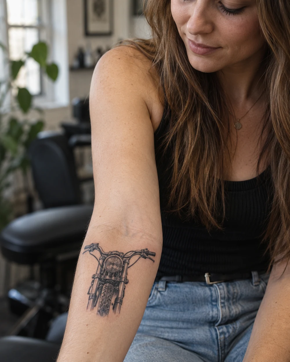 Compact black ink motorcycle handlebars and headlight tattoo on a forearm