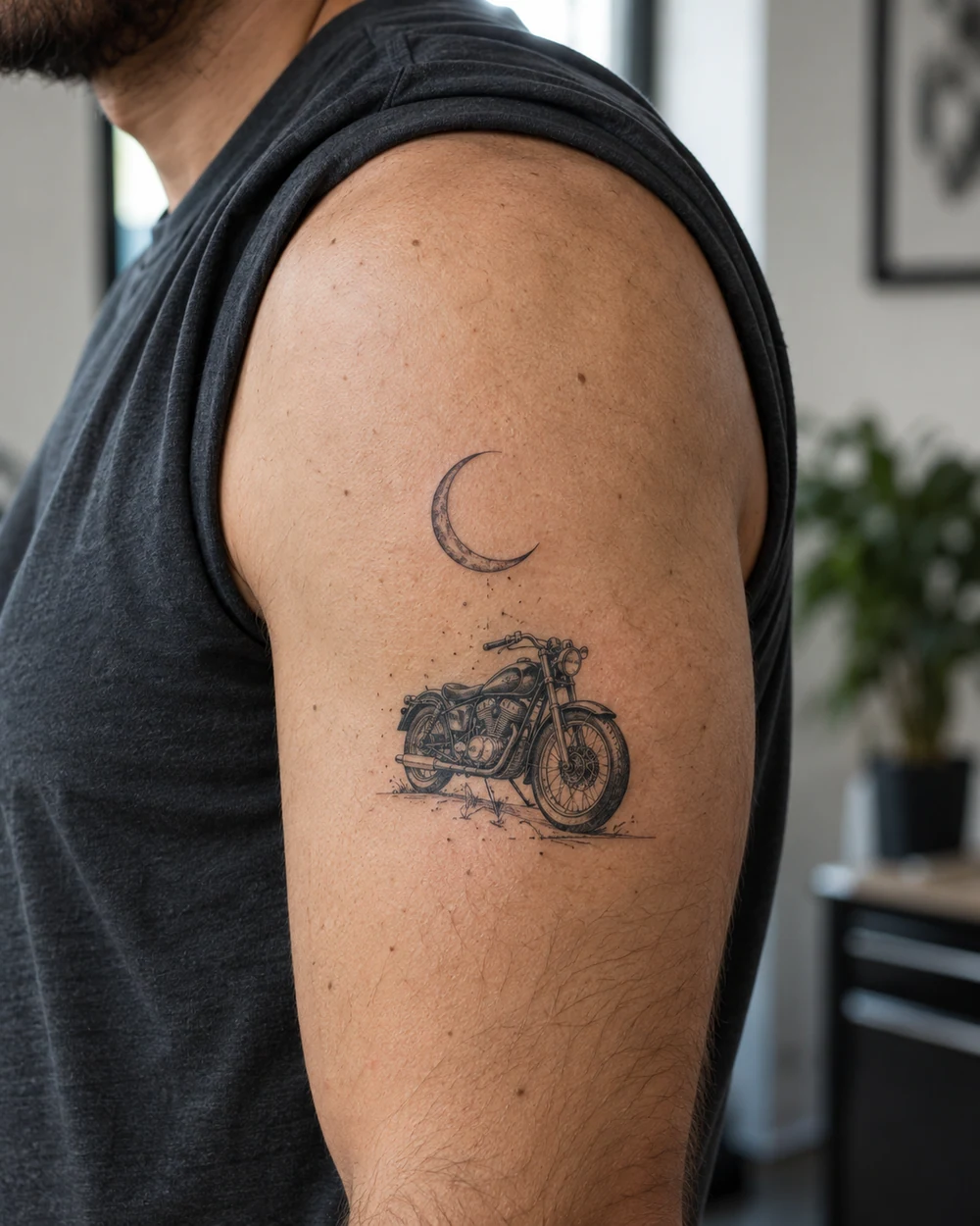 Fine-line classic motorcycle and crescent moon tattoo on an upper arm