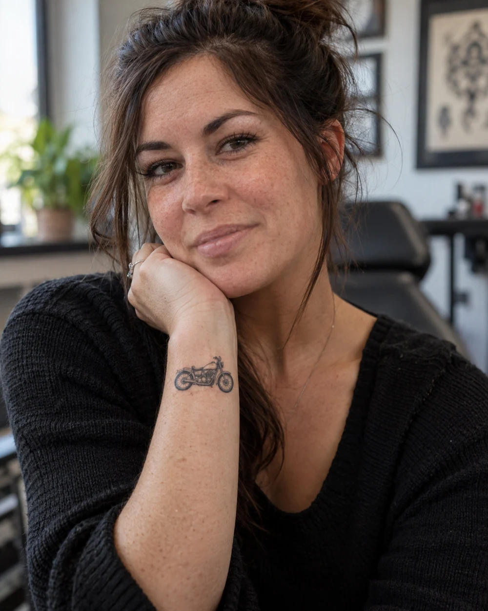 Fine-line motorcycle silhouette tattoo on the inner wrist of a woman wearing a black sweater