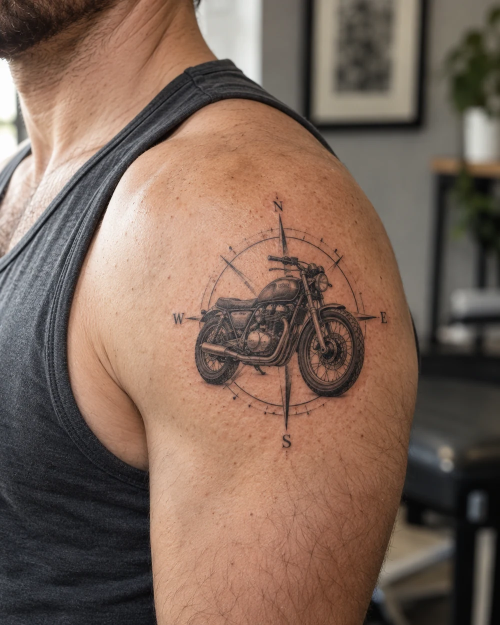 Black-and-gray motorcycle centered over a compass outline in a shoulder tattoo