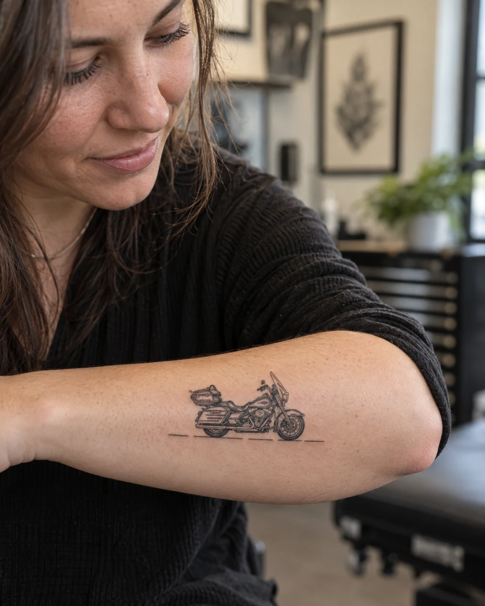 Fine-line touring motorcycle tattoo with side bags and a short road line on a forearm