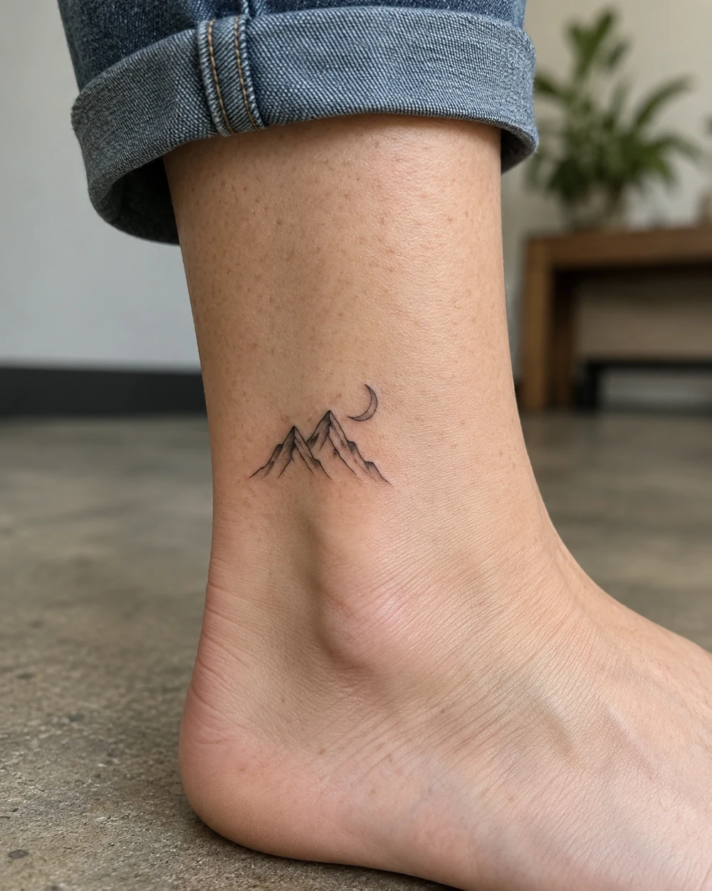 Fine-line black mountain and crescent moon tattoo on an adult outer ankle