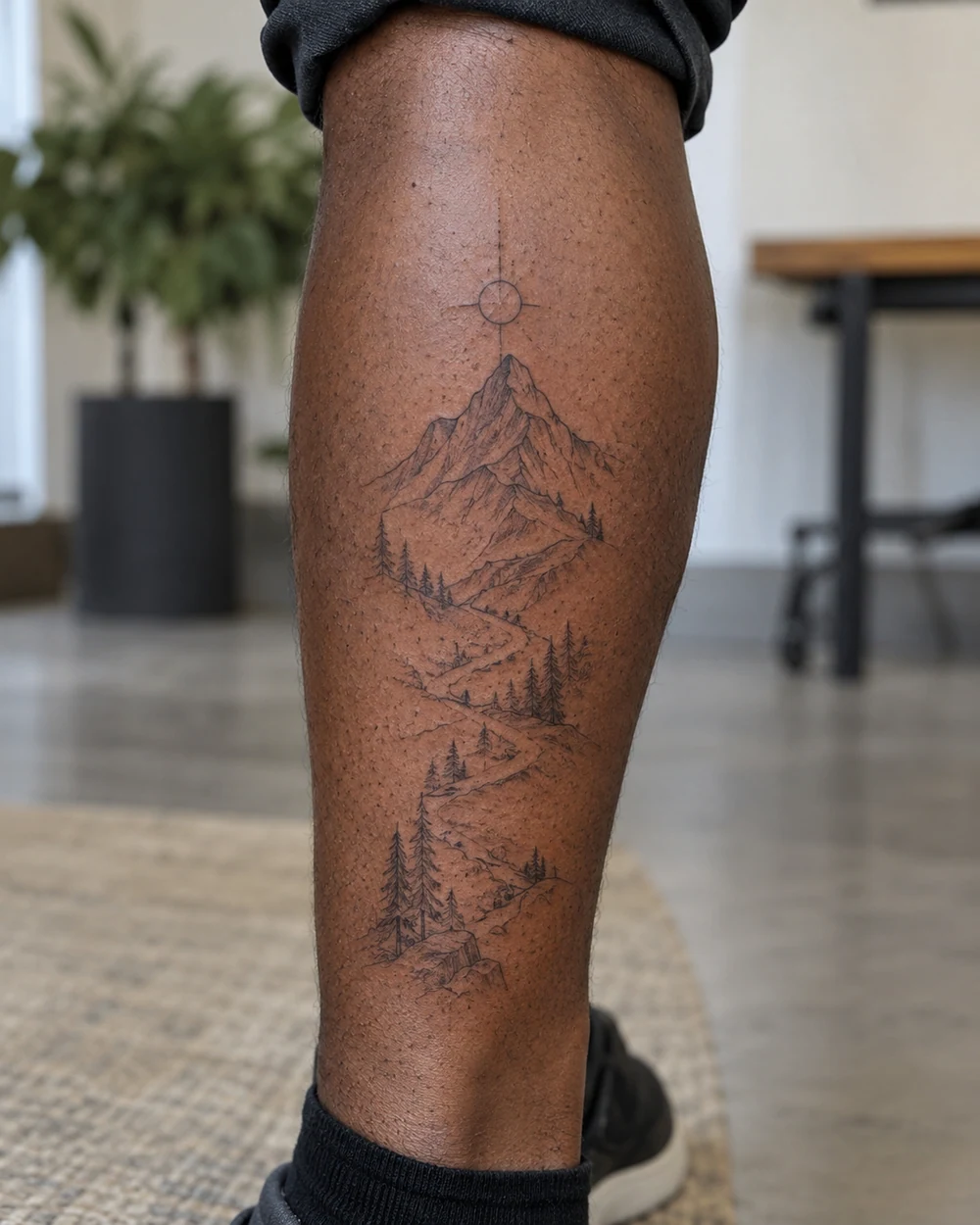 Fine-line mountain tattoo with a winding trail toward a central summit on an adult outer calf