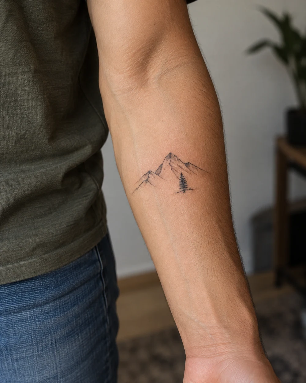 Compact fine-line tattoo of two mountain peaks and a small pine tree on an inner forearm
