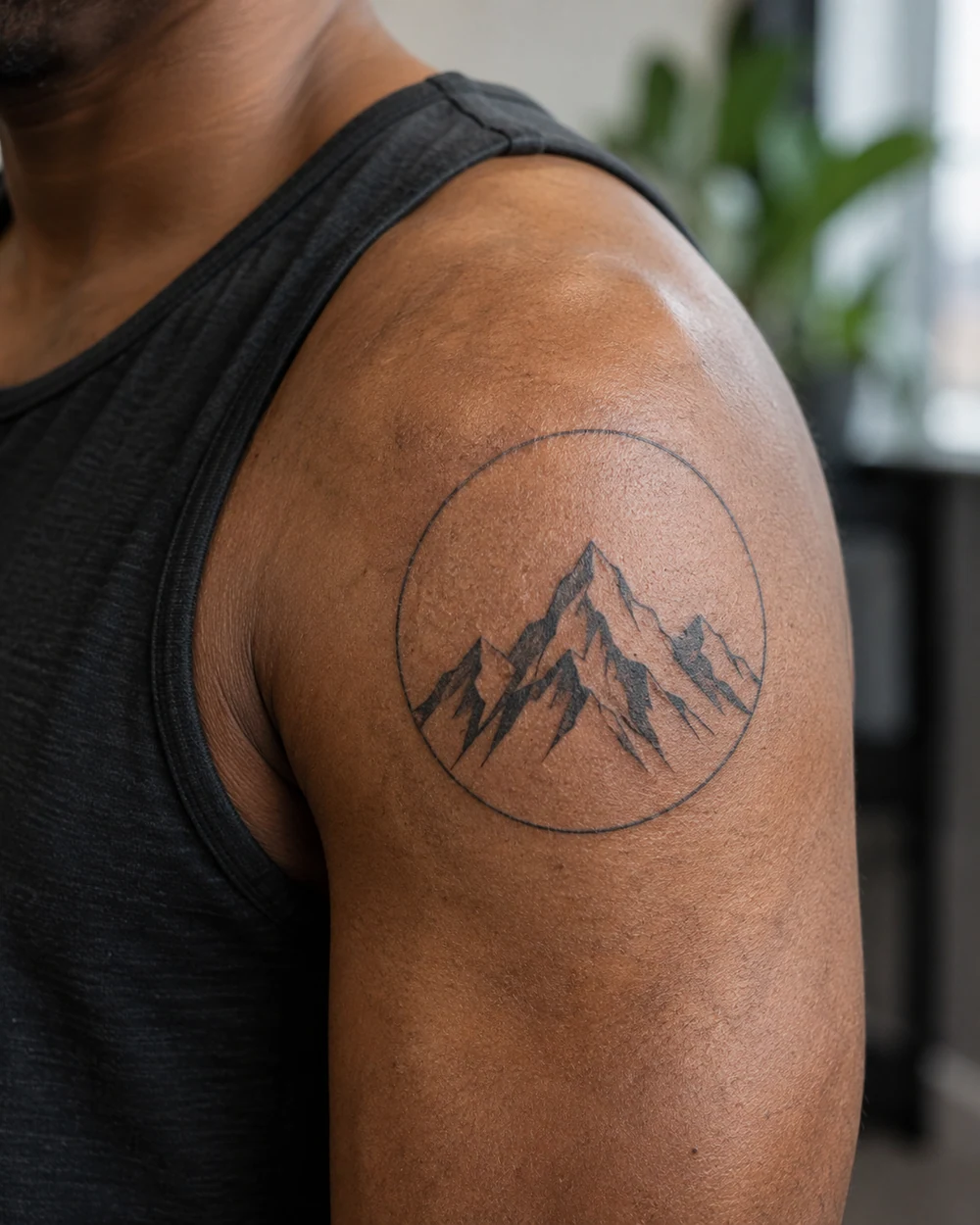 Black geometric mountain tattoo with angular peaks inside a thin circle on a shoulder