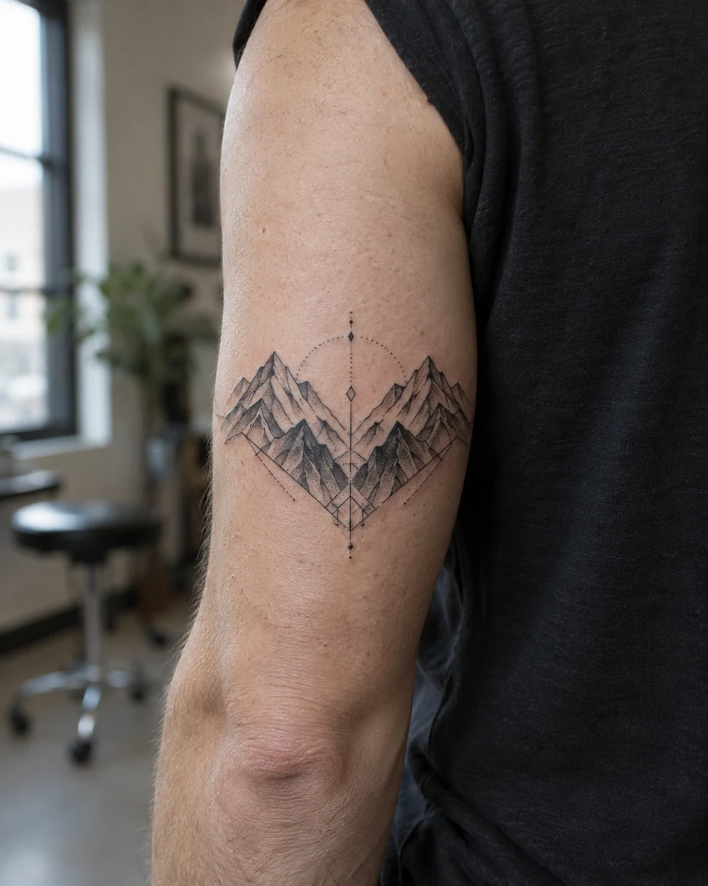 Black geometric mountain tattoo with mirrored ridges on the tricep