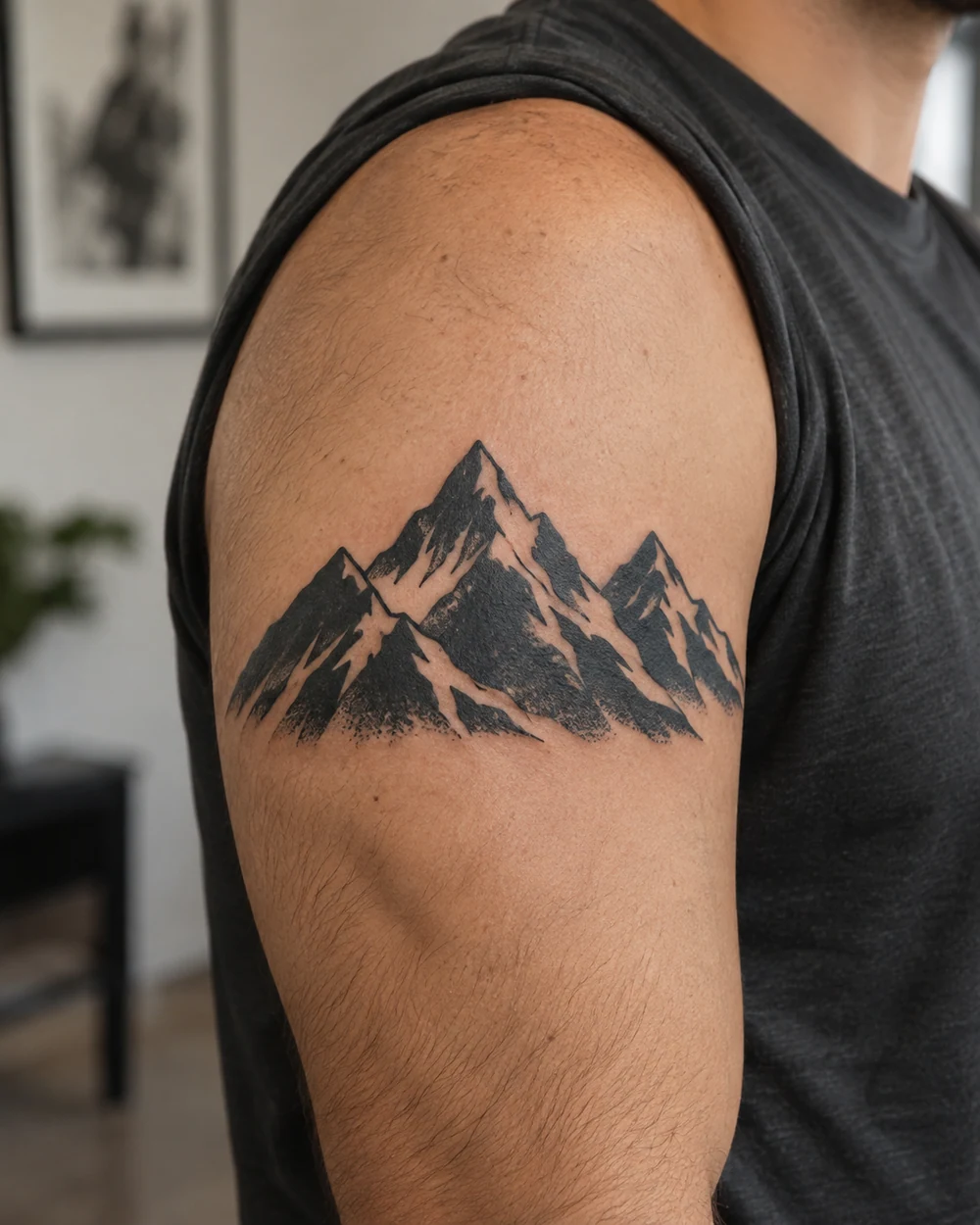 Three bold blackwork mountain peaks tattooed across a medium-toned upper arm
