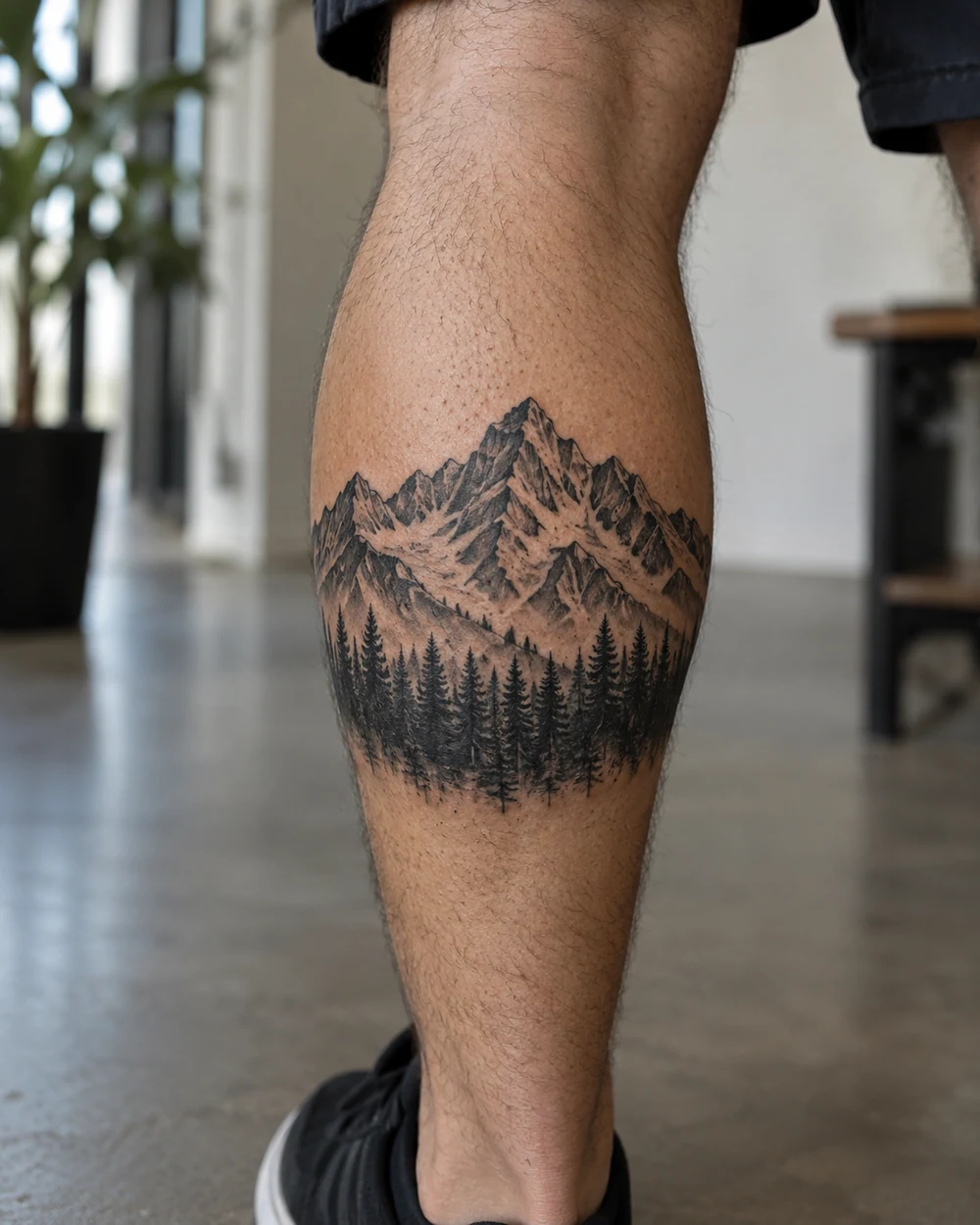Blackwork mountain and pine forest tattoo on a tan calf
