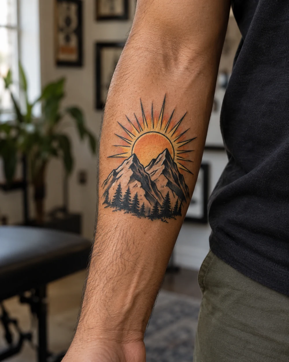 Traditional tattoo of two mountain peaks beneath an orange sunburst on an outer forearm