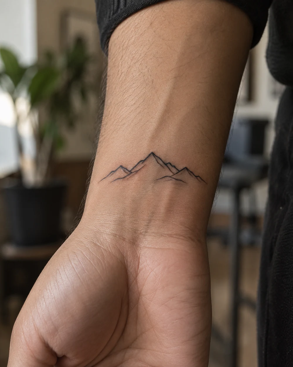 Fine-line black mountain ridge tattoo with subtle contour strokes on an inner wrist