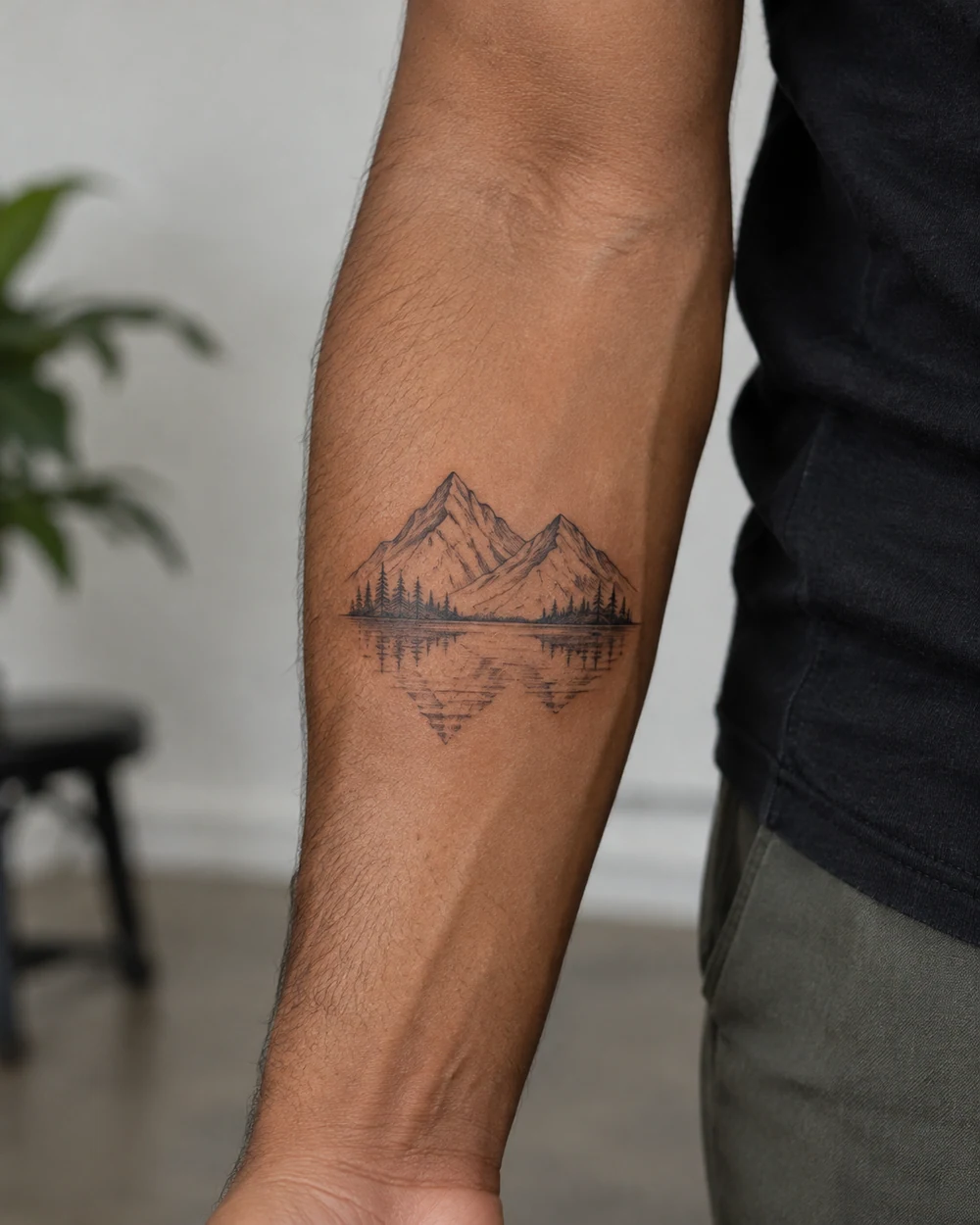 Fine-line twin mountain peaks reflected in a lake tattoo on an inner forearm