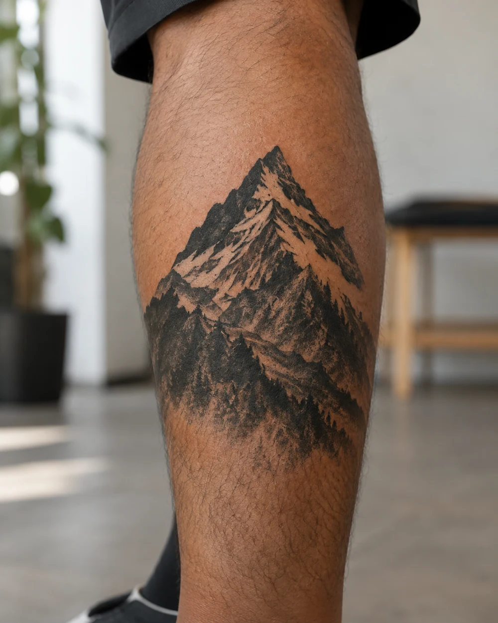 Blackwork mountain tattoo with a sharp negative-space snowcap on the outer calf