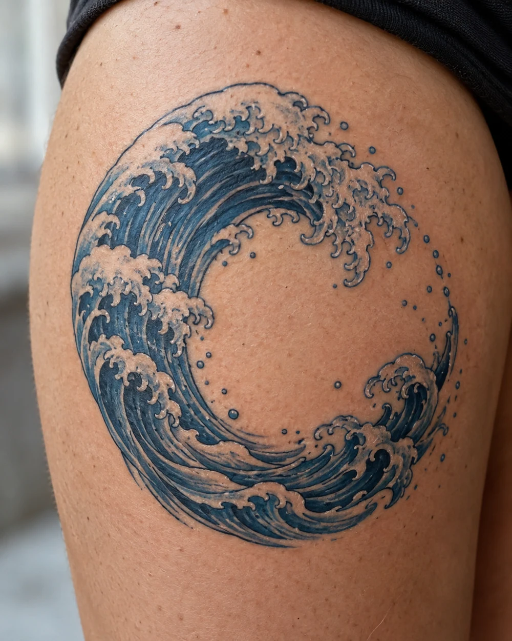 Dark blue Japanese-inspired sweeping wave tattoo with foamy tips and an open center