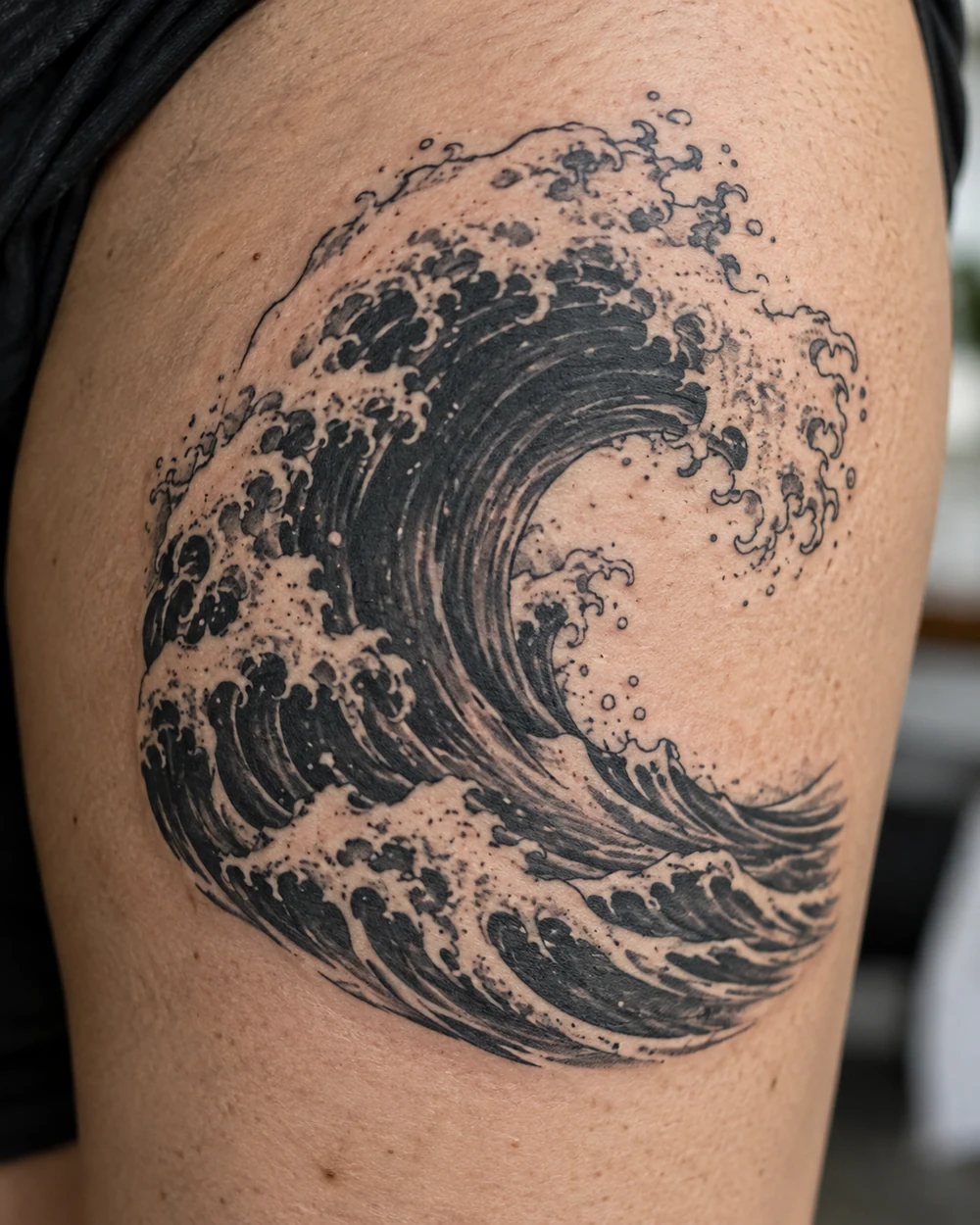 Blackwork breaking ocean wave tattoo with crisp foam shapes and negative-space gaps