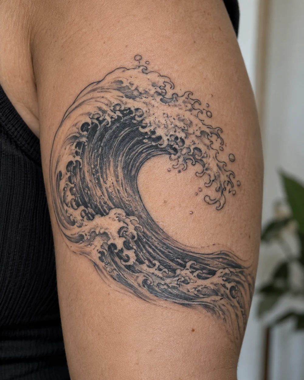 Black-and-gray curling ocean wave tattoo with ornamental foam curls across an upper arm