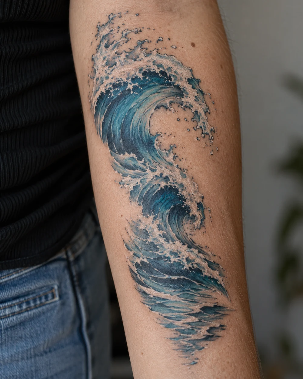 Elongated vertical black and gray ocean wave tattoo with a curling crest