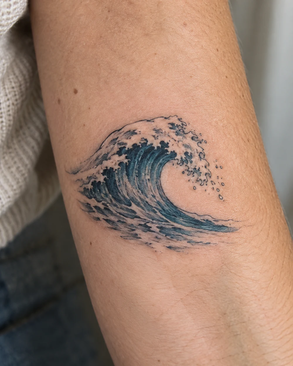 Compact ocean wave tattoo with one breaking crest and short foam marks