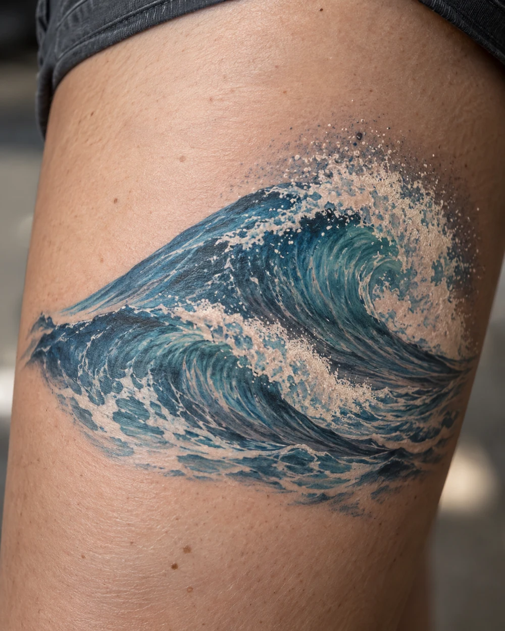Black geometric wave tattoo with interlocking angular lines on skin