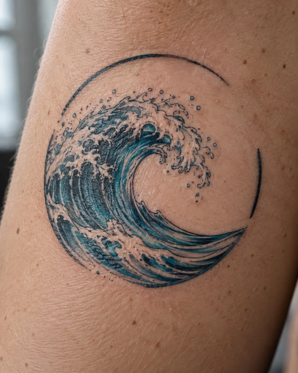 Blue-green curling ocean wave tattoo sweeping through a dark, incomplete circle on skin