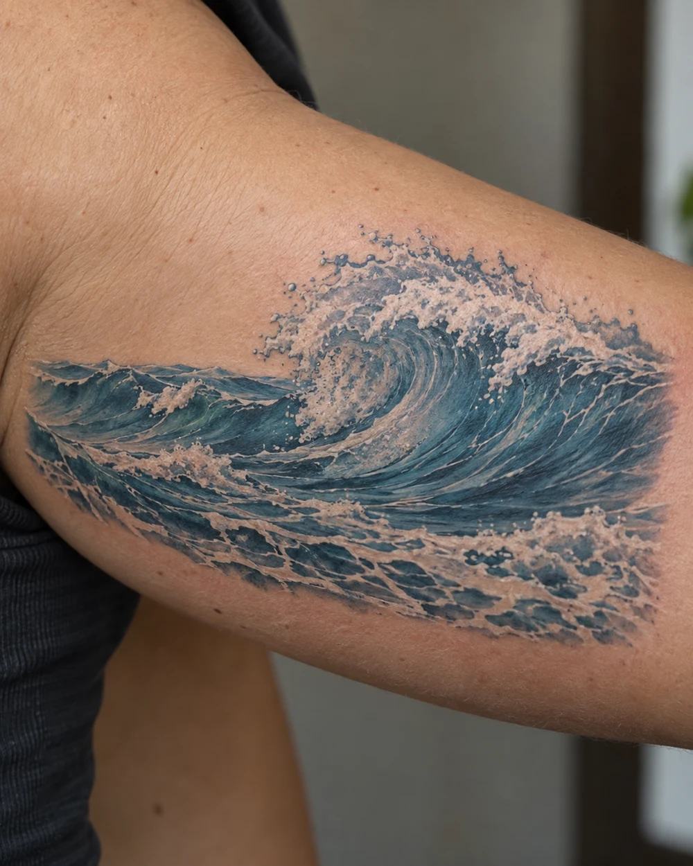 Black geometric wave tattoo with angular crest and radial foam on the upper back