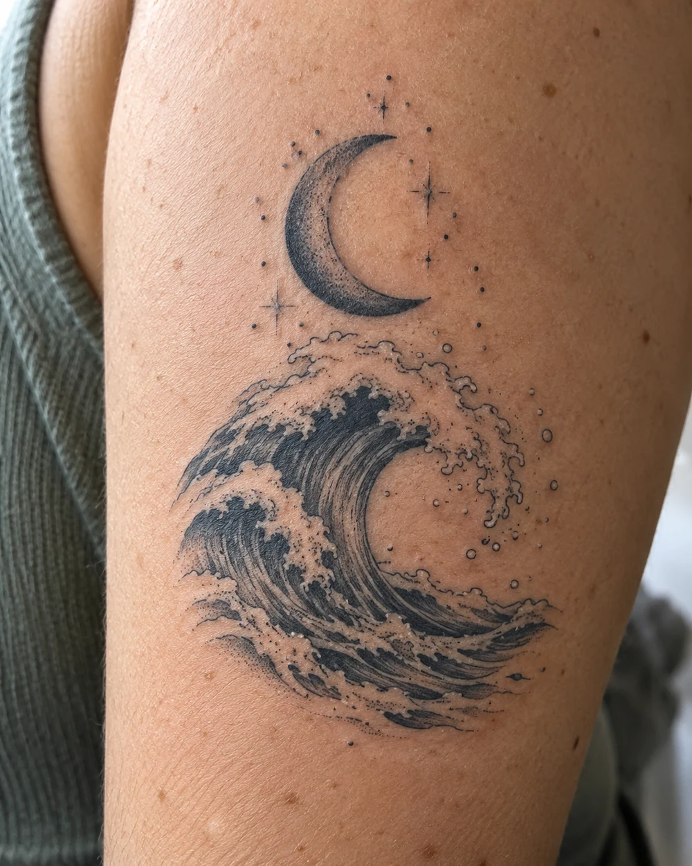 Crescent moon tattoo above a curling blue ocean wave tattoo with curved foam accents
