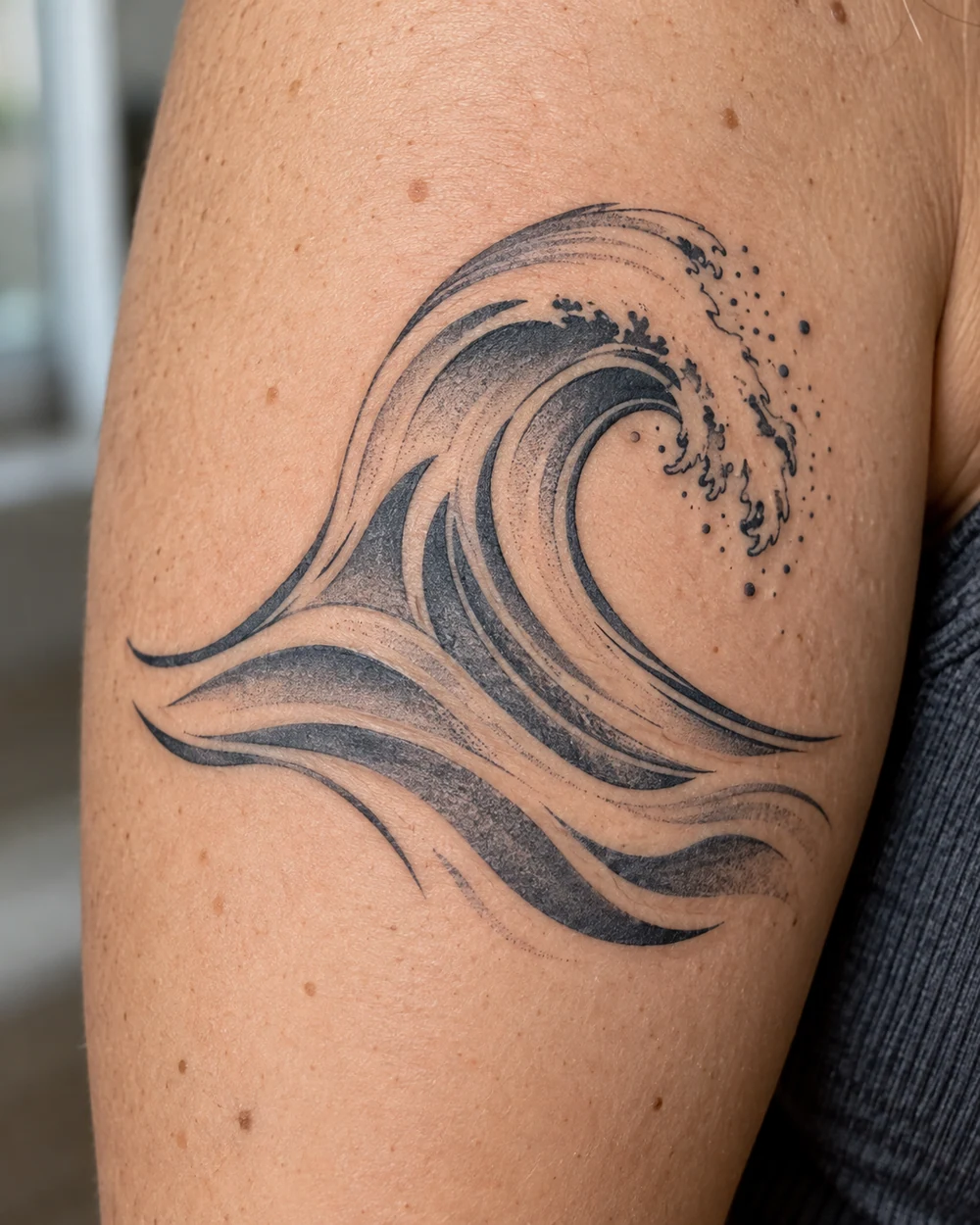 Black-and-gray abstract ocean wave tattoo with sweeping bands and a stippled crest on the upper arm