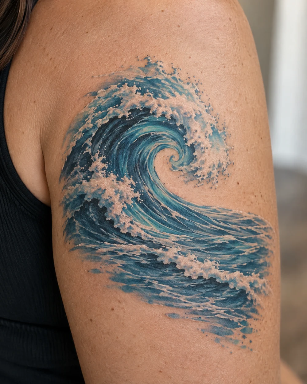 Blue and teal ocean wave tattoo with a spiral crest and sweeping foam ribbon on an upper arm