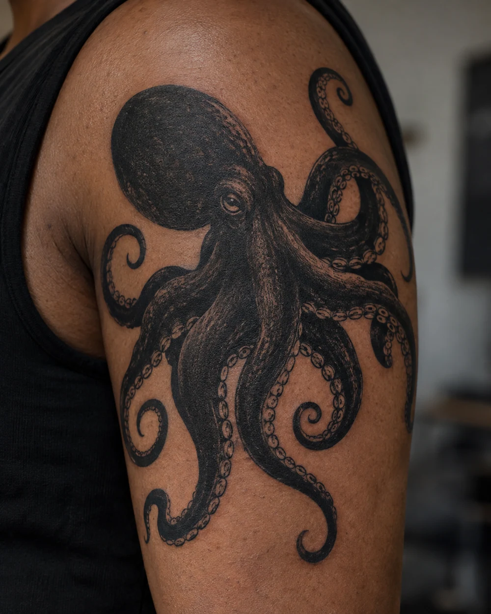 Bold blackwork octopus tattoo with negative-space sucker details on an upper arm