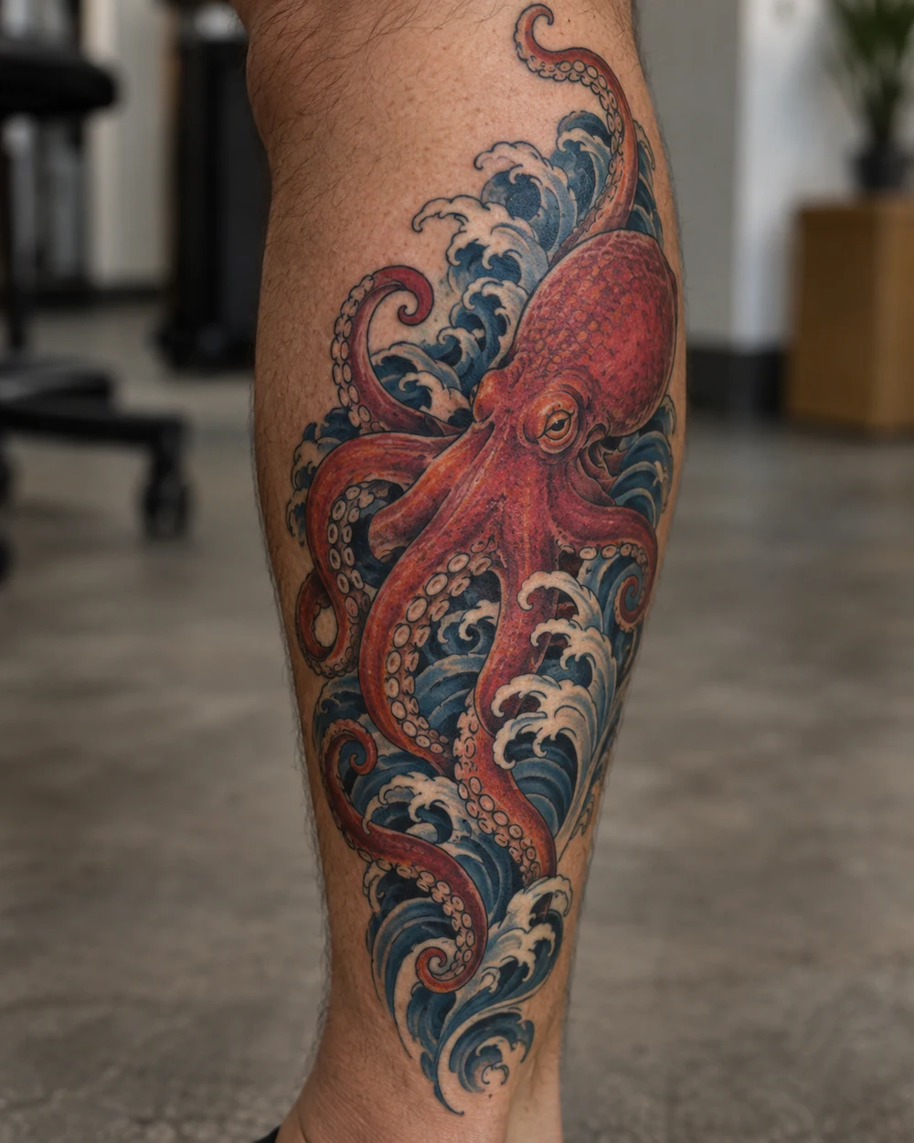 Red Japanese-inspired octopus tattoo among blue rolling waves on a calf