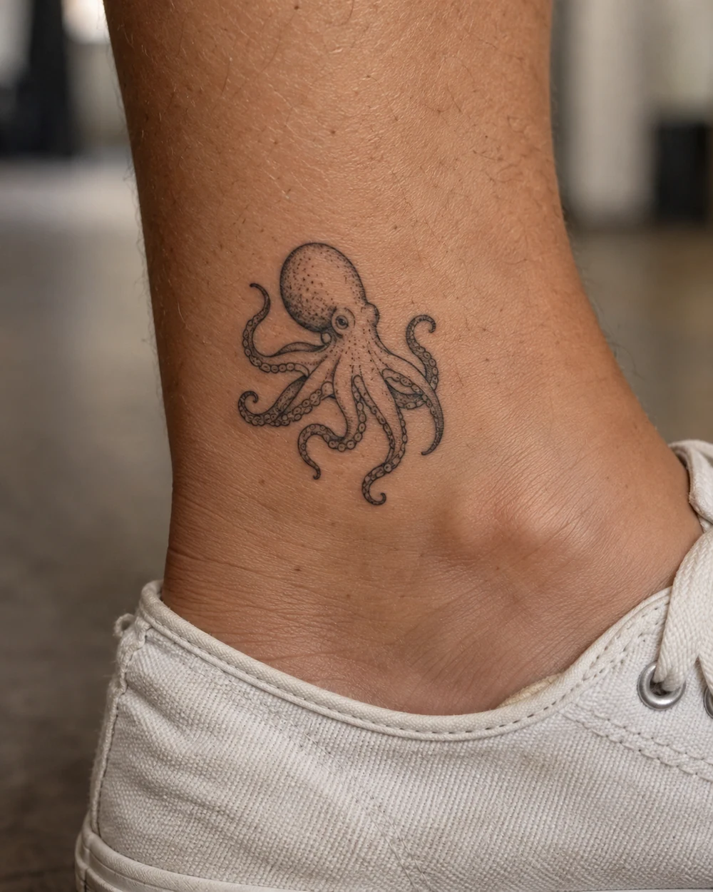 Small black octopus tattoo above an ankle beside a canvas shoe