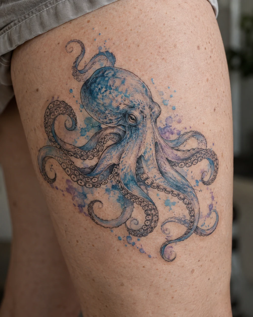 Blue and violet watercolor-style octopus tattoo on an outer thigh